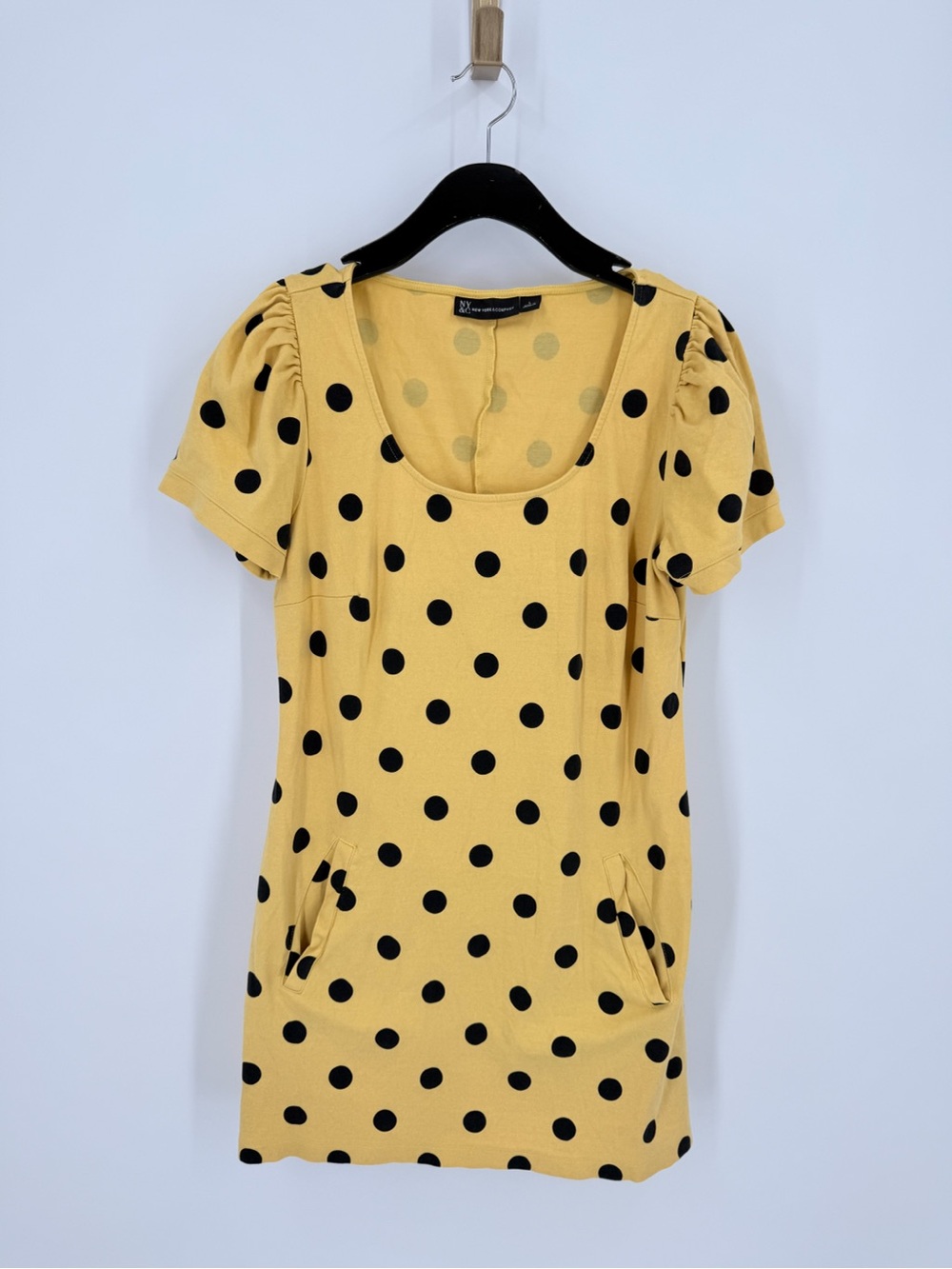 New York & Company Yellow Black Polka Dot Scoop Neck Dress